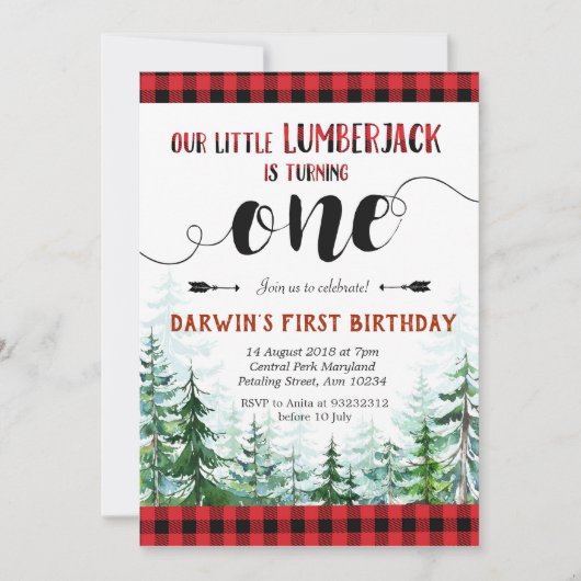 赤素朴格子縞ボーイファースト誕生日招待状 招待状 (正面)