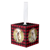 赤素朴水牛の格子柄の子犬4ペット写真 キューブオーナメント (正面アングル)