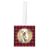 赤素朴水牛の格子柄の子犬4ペット写真 キューブオーナメント (正面)