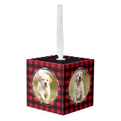 赤素朴水牛の格子柄の子犬4ペット写真 キューブオーナメント (裏面アングル)