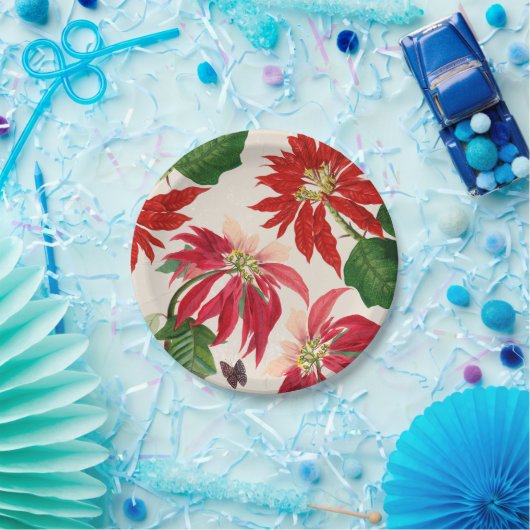 赤素朴水色ポインセチアフローラ緑 ペーパープレート (パーティー)
