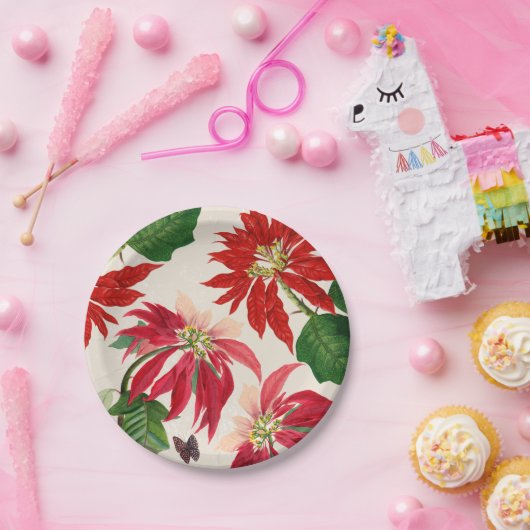 赤素朴水色ポインセチアフローラ緑 ペーパープレート (パーティー)