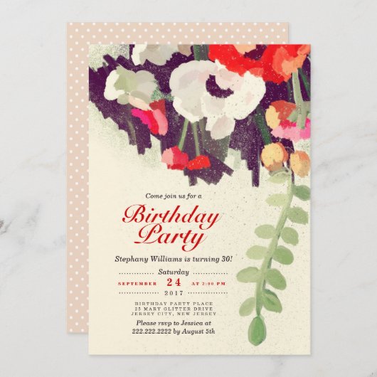 赤素朴白フローラアートバースデーパーティー招待状 招待状 (正面/裏面)