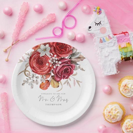 赤素朴秋花模様おめでとうミセス結婚ズ ペーパープレート (パーティー)