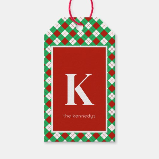 赤素朴緑と白の格子模様モノグラム ギフトタグ (正面)