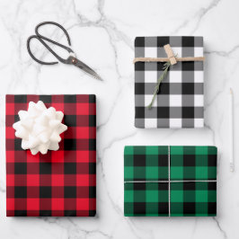 赤素朴緑と黒のバッファローのプレイドクリスマス ラッピングペーパーシート