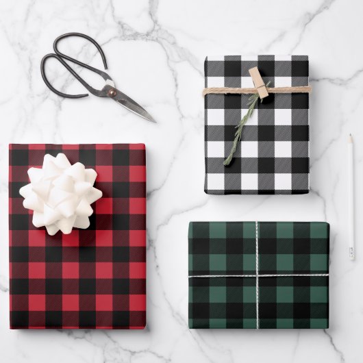 赤素朴緑と黒のバッファローのプレイドクリスマス ラッピングペーパーシート (正面)