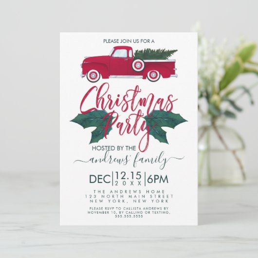 赤素朴緑のトラック葉のクリスマスパーティー 招待状 (スタンド正面)