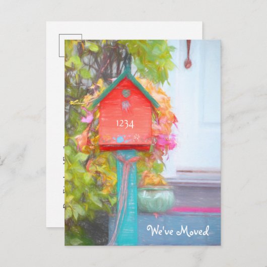 赤素朴緑のバードハウス新しい住所の移動 ポストカード (正面/裏面)