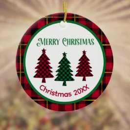 赤素朴緑のブラッククリスマスにバッファローのプレイド セラミックオーナメント
