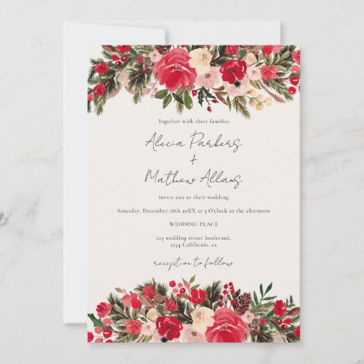 赤素朴緑の冬のフローラが一つ結婚に 招待状 (正面)