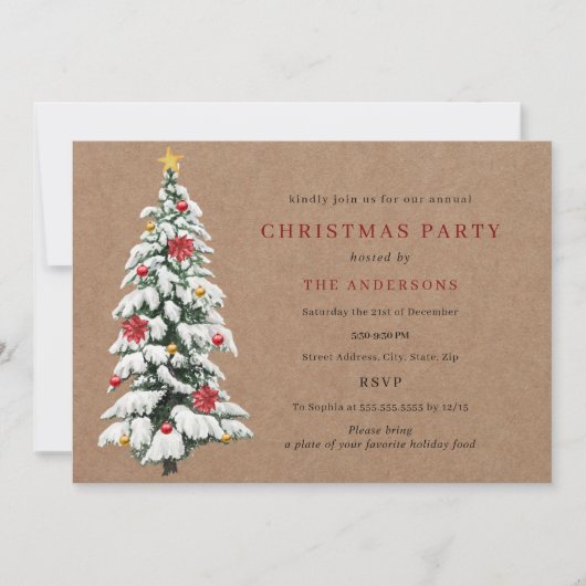 赤素朴緑の木伝統的のクリスマスパーティー 招待状 (正面)