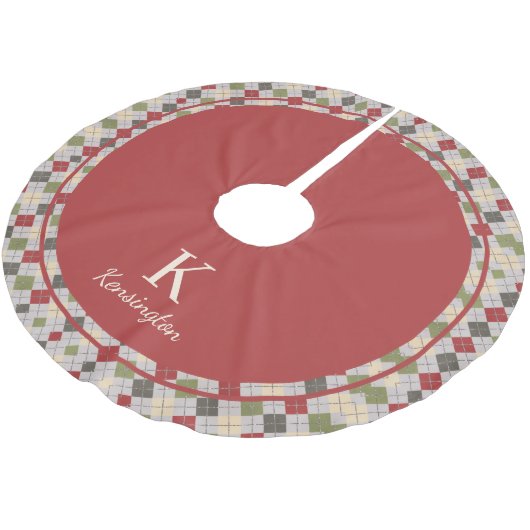 赤素朴緑クリスマスアーガイルモノグラム ブラッシュドポリエステルツリースカート (アングル)