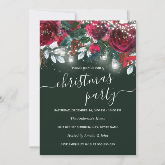 赤素朴緑フローラ輝くクリスマスパーティー 招待状 (正面)