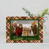 赤素朴緑色の格子状の水彩模様と金ゴールド 箔シーズンカード (立ち正面)