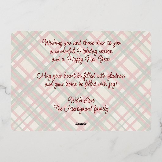 赤素朴緑色の格子状の水彩模様と金ゴールド 箔シーズンカード (裏面)