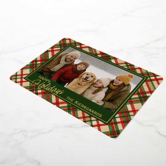 赤素朴緑色の格子状の水彩模様と金ゴールド 箔シーズンカード (回転した状態)