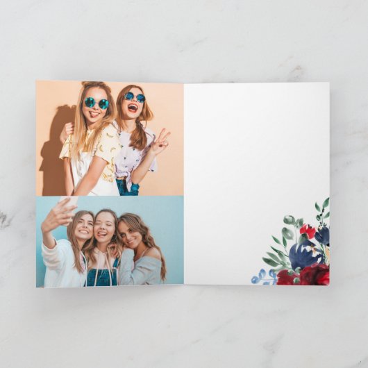 赤素朴色の海軍フローラ水色2写真の誕生日 カード (内部)