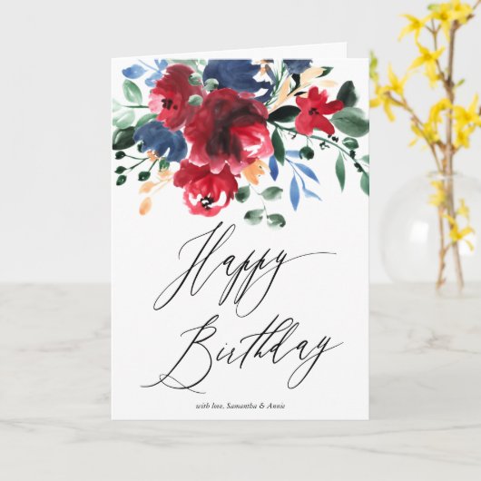 赤素朴色の海軍フローラ水色2写真の誕生日 カード (黄色い花)