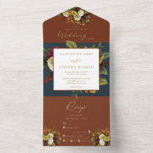 赤素朴色 |オレンジフローラブーケティール(緑がかった色)結婚ズ オールインワン招待状 (内側)