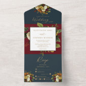 赤素朴色 |オレンジフローラブーケティール（緑がかった色）結婚ズ オールインワン招待状 (内側)