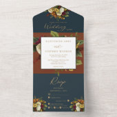 赤素朴色 |オレンジフローラブーケティール(緑がかった色)結婚ズ オールインワン招待状 (内側)