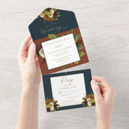赤素朴色 |オレンジフローラブーケ結婚ティール(緑がかった色)ズAl オールインワン招待状