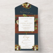 赤素朴色 |オレンジフローラブーケ結婚ティール(緑がかった色)ズAl オールインワン招待状 (内側)