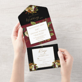 赤素朴色 |オレンジ色のフローラ結婚ブーケの全イン オールインワン招待状