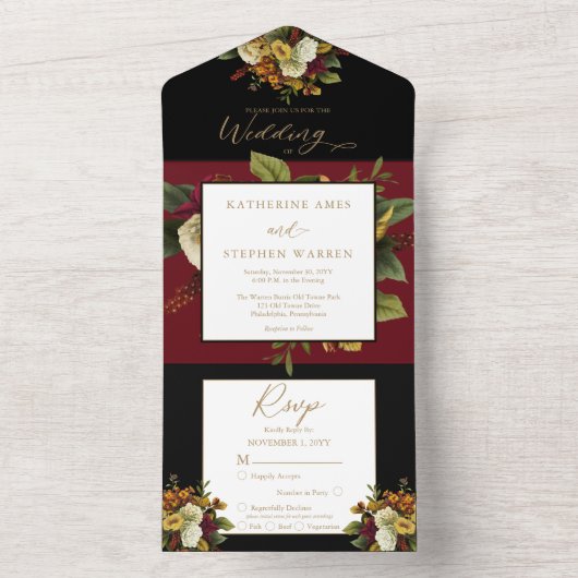 赤素朴色 |オレンジ色のフローラ結婚ブーケの全イン オールインワン招待状 (内側)