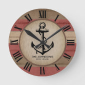 赤素朴茶色の航海のストライプいかり ラウンド壁時計 (正面)