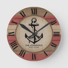 赤素朴茶色の航海のストライプいかり ラウンド壁時計