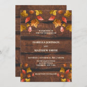 赤素朴茶色の金ゴールド葉秋秋結婚の 招待状 (正面/裏面)