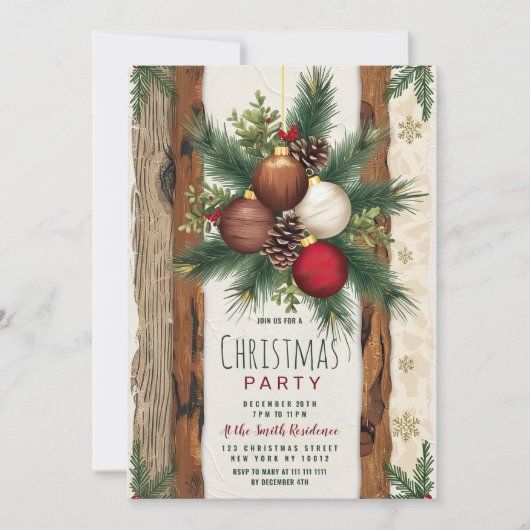 赤素朴茶色オーナメントクリスマスパーティー 招待状 (正面)
