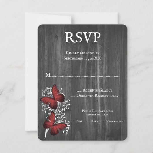 赤素朴蝶ウェディングRSVPカード 出欠カード (正面)