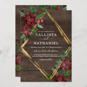 赤素朴金ゴールドポインセチアフローラウッド結婚ズ 招待状 (正面/裏面)
