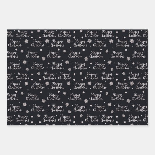赤素朴黒ハッピークリスマススノーフレークプレイド ラッピングペーパーシート (正面2)