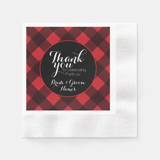 赤素朴黒バッファローの格子柄ありがとう 縁ありカクテルナプキン (正面)