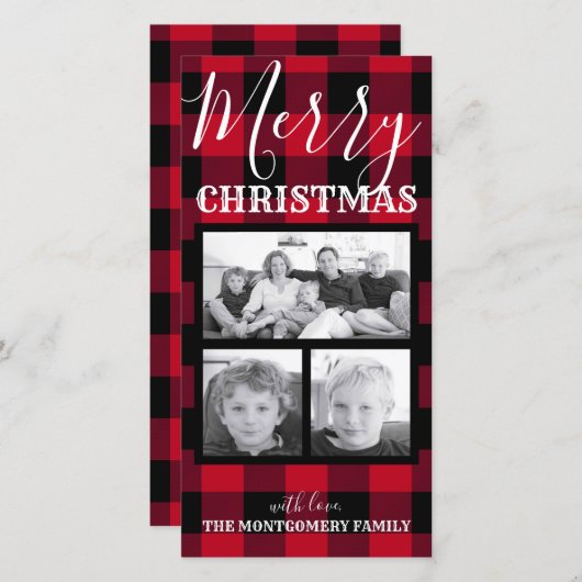 赤素朴黒バッファローチェックのクリスマス3枚の写真 シーズンカード (正面/裏面)