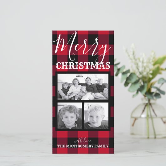 赤素朴黒バッファローチェックのクリスマス3枚の写真 シーズンカード (スタンド正面)