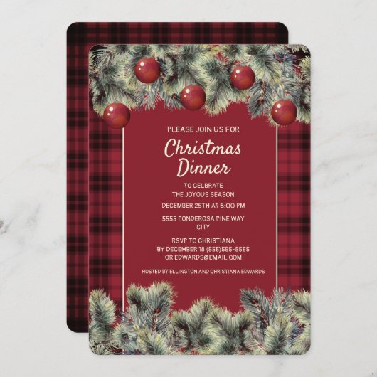 赤素朴黒バッファロープレイドクリスマスディナー 招待状 (正面/裏面)