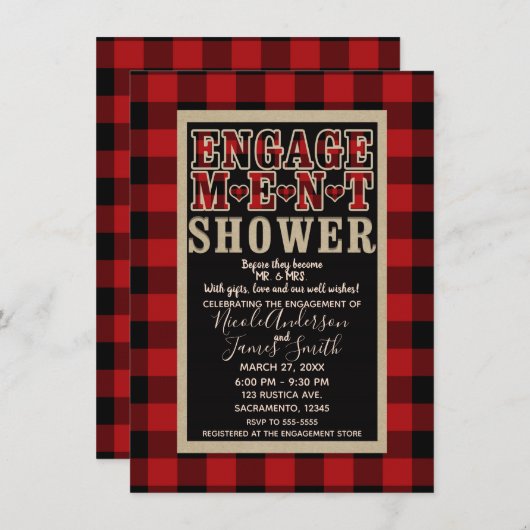 赤素朴黒バッファロープレイド婚約シャワー 招待状 (正面/裏面)