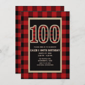 赤素朴黒バッファロープレイド100th 100誕生日 招待状 (正面/裏面)