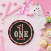 赤素朴黒バッファロープレイド1st誕生日パーティー ペーパープレート (パーティー)