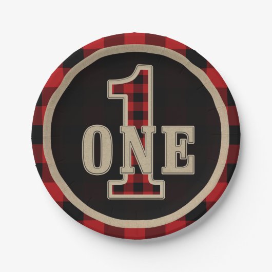 赤素朴黒バッファロープレイド1st誕生日パーティー ペーパープレート (正面)