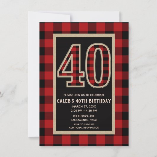 赤素朴黒バッファロープレイド40日40誕生日 招待状 (正面)