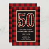 赤素朴黒バッファロープレイド50日50誕生日 招待状 (正面/裏面)