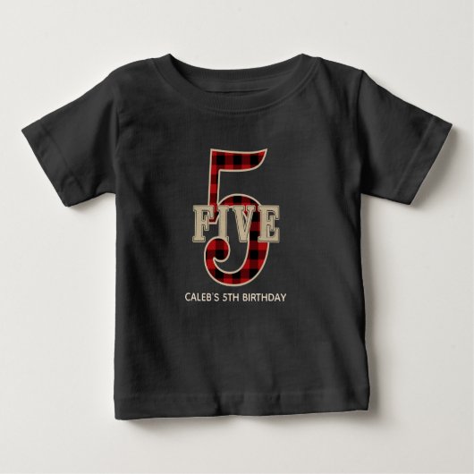 赤素朴黒バッファロープレイド5th誕生日パーティー ベビーTシャツ (正面)