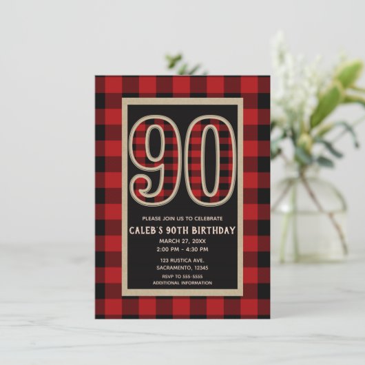 赤素朴黒バッファロープレイド90th 90誕生日 招待状 (スタンド正面)