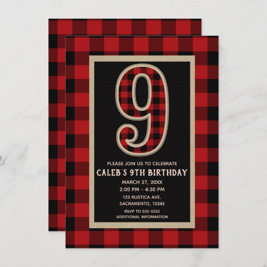 赤素朴黒バッファロープレイド9th誕生日パーティー 招待状 (正面/裏面)